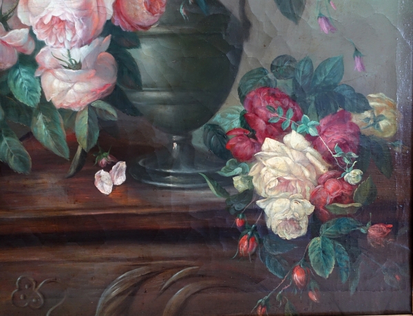 Nature morte, école Lyonnaise du XIXe siècle, bouquet de fleurs / roses - 104cm x 76,5cm