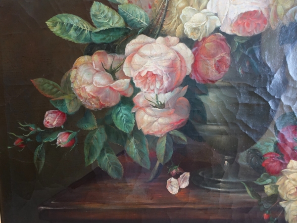 Nature morte, école Lyonnaise du XIXe siècle, bouquet de fleurs / roses - 104cm x 76,5cm