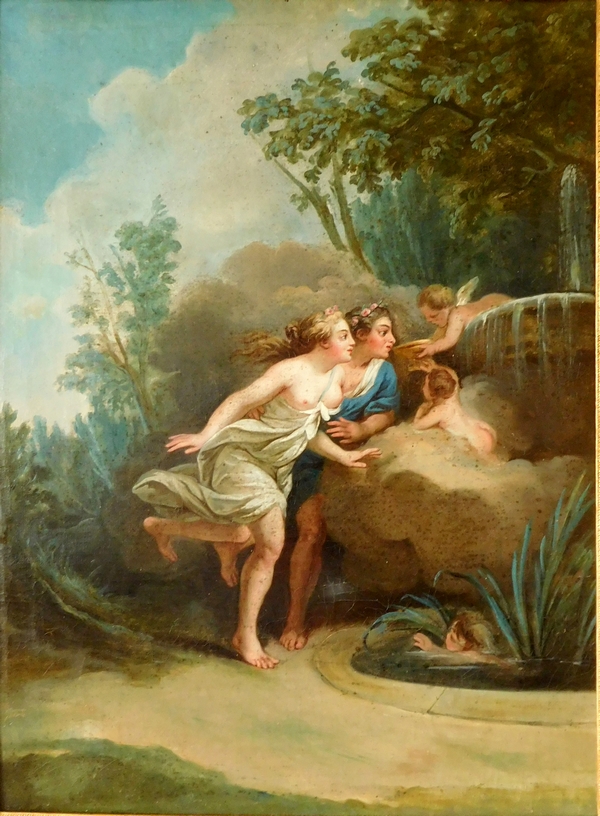 Ecole Française du XVIIIe siècle - la fontaine de l'Amour d'après Fragonard - grande huile sur toile