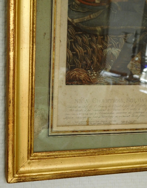 Le Général Marceau, grande eau forte en couleurs de 1798 dans cadre doré à la feuille d'or