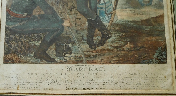 Le Général Marceau, grande eau forte en couleurs de 1798 dans cadre doré à la feuille d'or