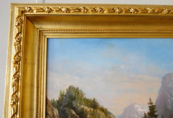 Ecole française du XIXe siècle : grand tableau de montagne attribué à Godchaux - 126,5cm x 108,5cm