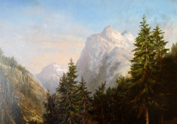 Ecole française du XIXe siècle : grand tableau de montagne attribué à Godchaux - 126,5cm x 108,5cm