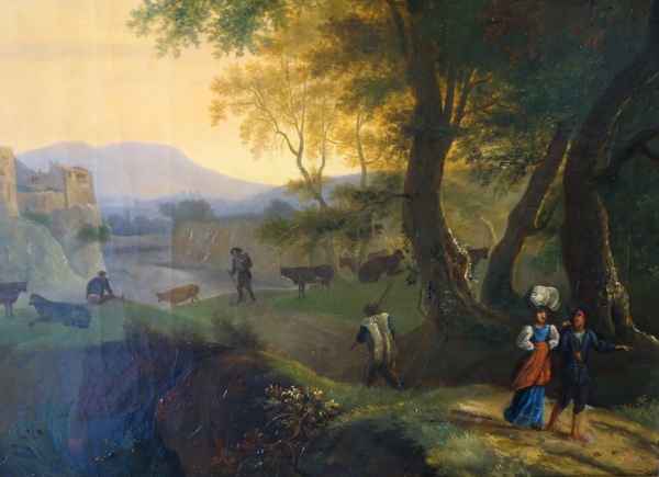 Grand paysage romantique & lumière du soir, huile sur toile d'époque Restauration - 100cm x 75cm