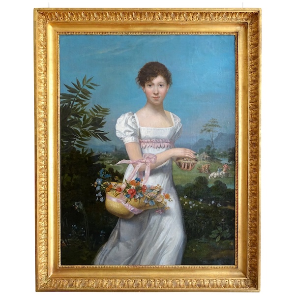 Grand portrait de jeune femme d'époque Empire - allégorie de la Fécondité, HST - 108cm x 135cm