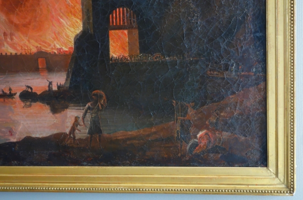 Grande huile sur toile, souvenir du Grand Tour - Incendie d'une ville - 127cm x 109cm