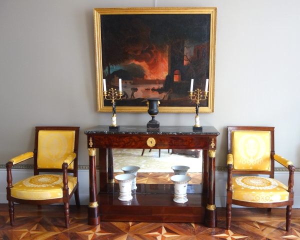 Grande huile sur toile, souvenir du Grand Tour - Incendie d'une ville - 127cm x 109cm