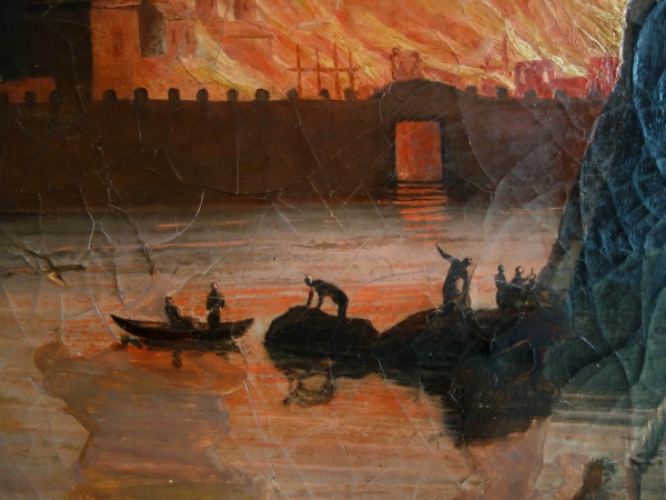 Grande huile sur toile, souvenir du Grand Tour - Incendie d'une ville - 127cm x 109cm