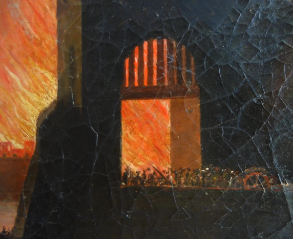 Grande huile sur toile, souvenir du Grand Tour - Incendie d'une ville - 127cm x 109cm