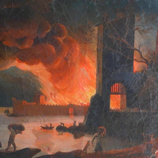 Grande huile sur toile, souvenir du Grand Tour - Incendie d'une ville - 127cm x 109cm