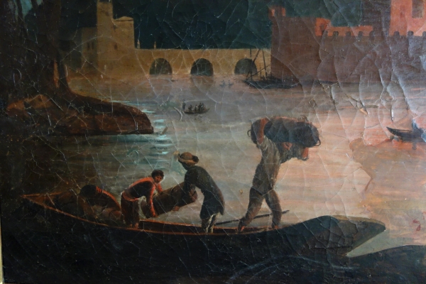 Grande huile sur toile, souvenir du Grand Tour - Incendie d'une ville - 127cm x 109cm