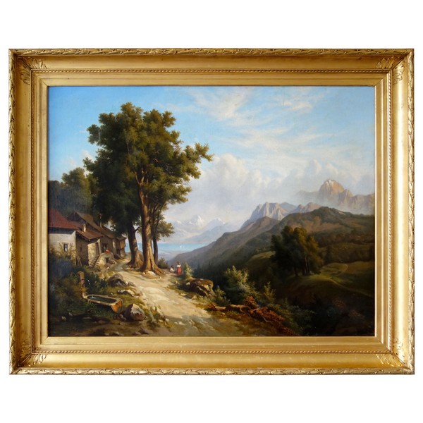 19th century French school : large mountain landscape painting - 136cm x 109cm