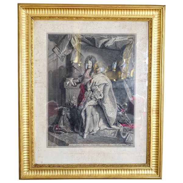 Grande gravure royaliste : le Roi Louis XIV en majesté, cadre en bois doré - 82cm x 99,5cm