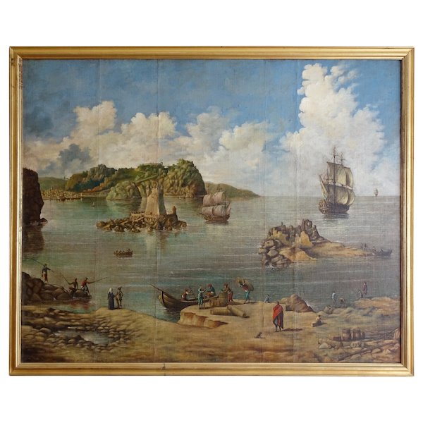 Ecole francaise du XVIIIe : marine, grande huile sur toile décorative - 140cm x 171cm