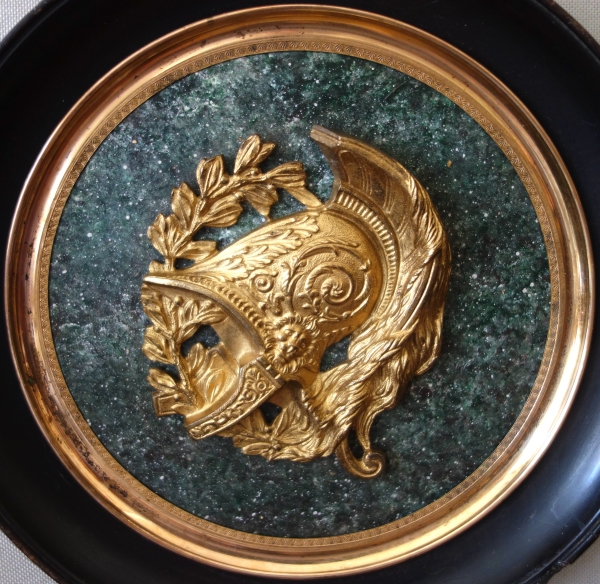 Large miniature, gilt bronze military trophee / antique style helmet on a porphyry background