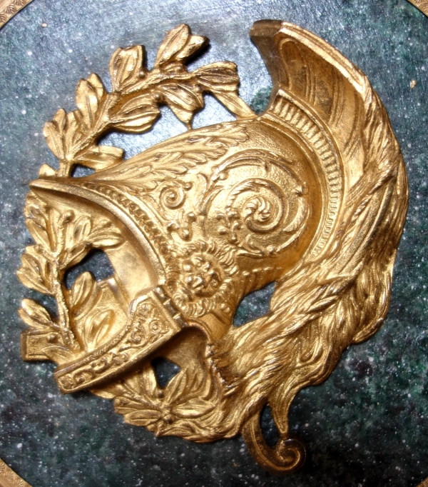 Large miniature, gilt bronze military trophee / antique style helmet on a porphyry background