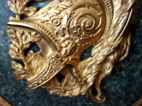 Large miniature, gilt bronze military trophee / antique style helmet on a porphyry background