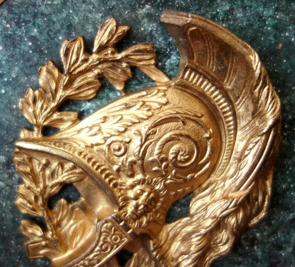 Large miniature, gilt bronze military trophee / antique style helmet on a porphyry background