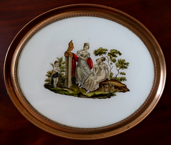 Large Empire glass miniature : allegory of hero-worship set into a mahogany frame - 32cm x 25cm