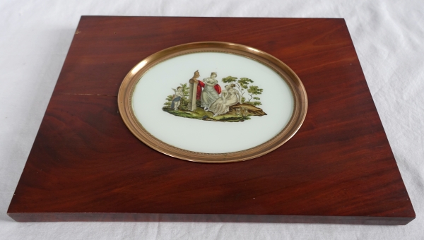 Large Empire glass miniature : allegory of hero-worship set into a mahogany frame - 32cm x 25cm