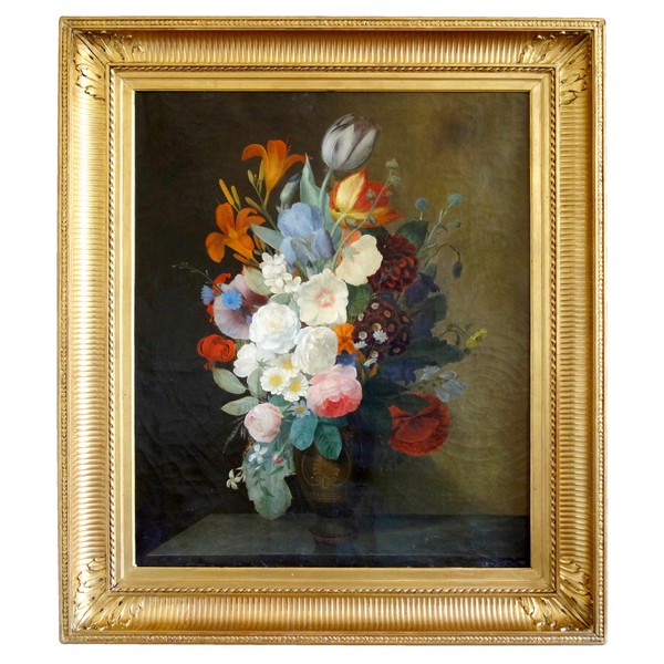 19th century French school, large oil on canvas, bouquet of flowers - 59.5cm x 71.5cm