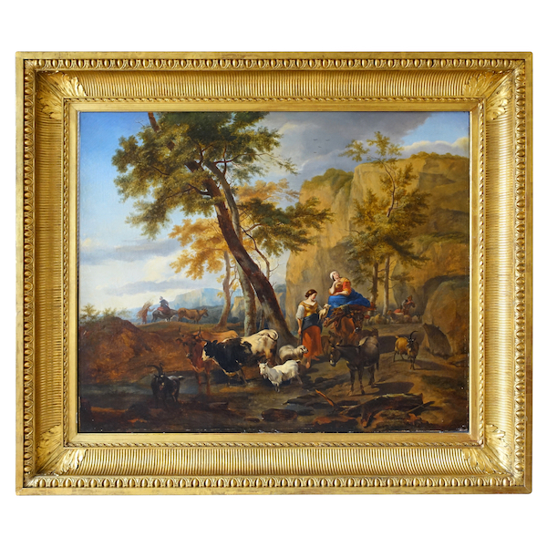 Ecole Française du XIXe siècle, scène pastorale dans le goût de Berchem, grande huile sur toile 142cm x 121cm