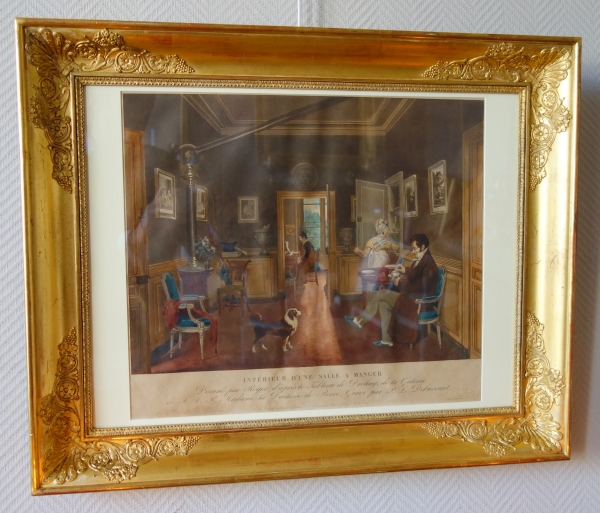 Gravure colorisée d'après Martin Drolling : intérieur de salle à manger Empire - cadre en bois doré