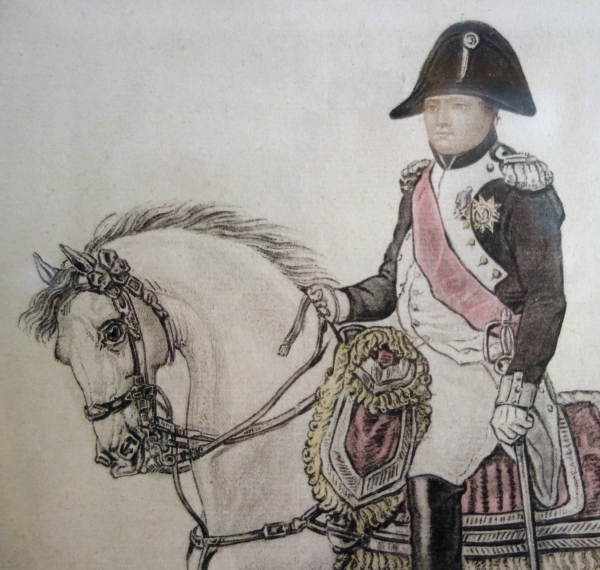 Napoléon à cheval, gravure colorisée d'après Carle Vernet - cadre en bois doré d'époque Empire
