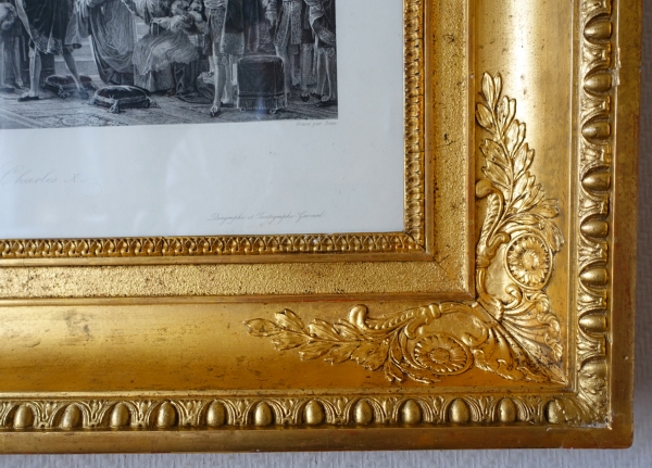 Gravure Sacre du Roi Charles X - souvenir historique royaliste - cadre en bois doré