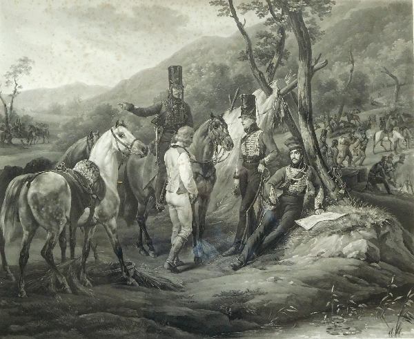 Gravure d'après Vernet : Bivouac du 3e Régiment de Hussards, cadre en bois doré, époque Empire