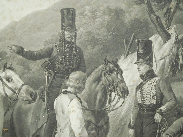 Gravure d'après Vernet : Bivouac du 3e Régiment de Hussards, cadre en bois doré, époque Empire