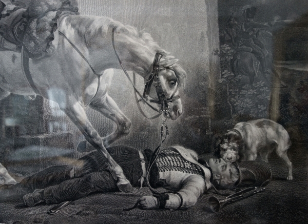 Grande gravure napoléonienne par Vernet : le Trompette blessé, cadre en bois doré