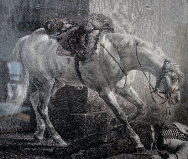 Grande gravure napoléonienne par Vernet : le Trompette blessé, cadre en bois doré