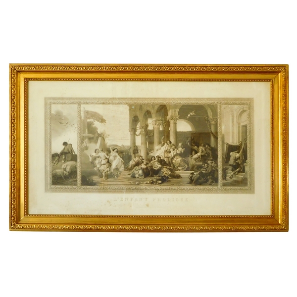 Grande gravure XIXe, cadre doré à la feuille d'or : l'enfant prodigue