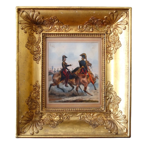 19th century engraving showing French officers riding their hors circa 1830, gold leaf gilt wood