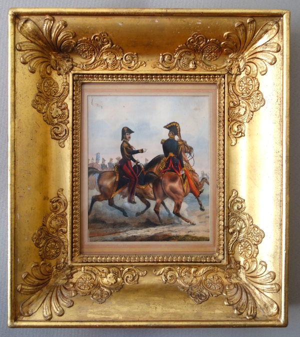 19th century engraving showing French officers riding their hors circa 1830, gold leaf gilt wood