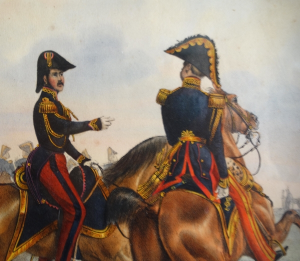 19th century engraving showing French officers riding their hors circa 1830, gold leaf gilt wood