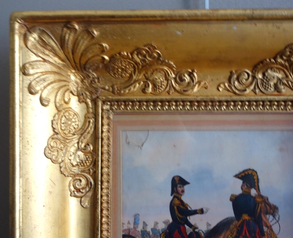 19th century engraving showing French officers riding their hors circa 1830, gold leaf gilt wood