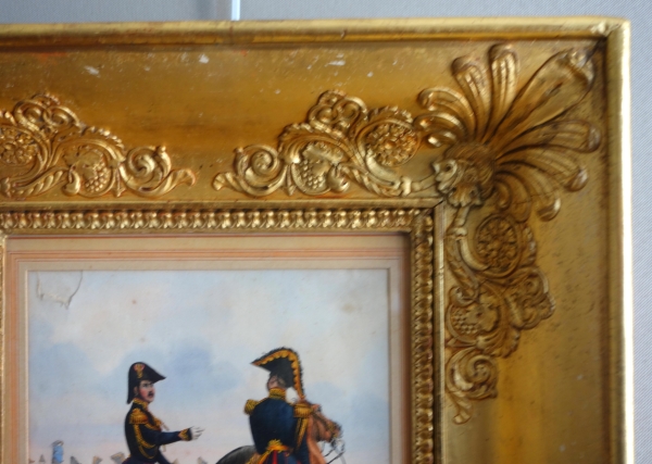 19th century engraving showing French officers riding their hors circa 1830, gold leaf gilt wood