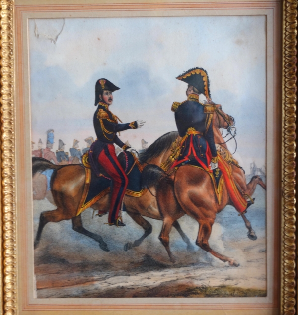 19th century engraving showing French officers riding their hors circa 1830, gold leaf gilt wood