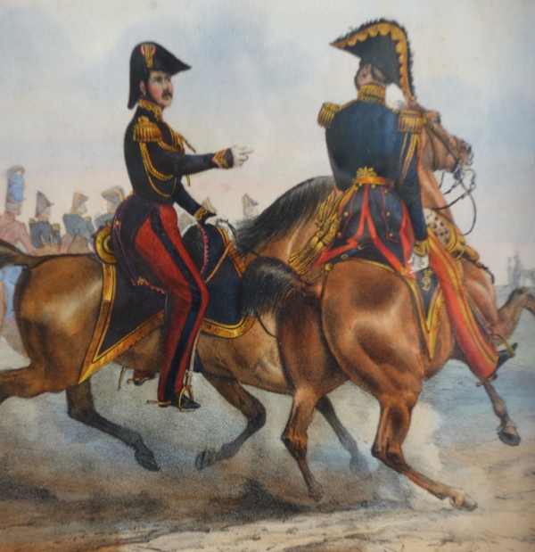 19th century engraving showing French officers riding their hors circa 1830, gold leaf gilt wood