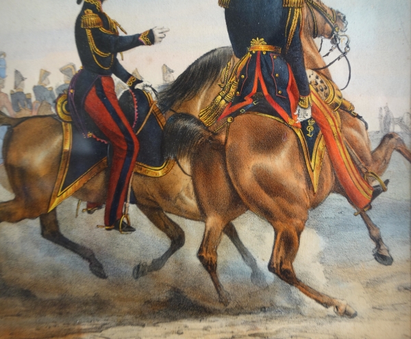 19th century engraving showing French officers riding their hors circa 1830, gold leaf gilt wood