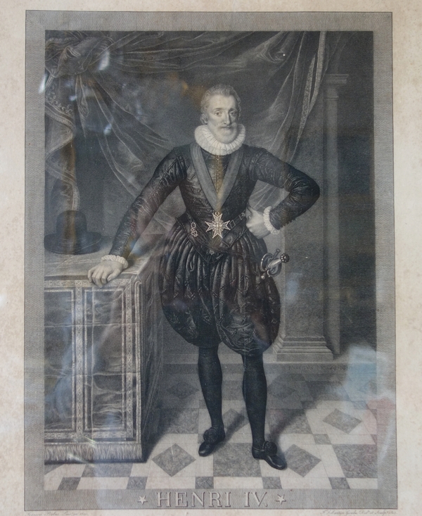 Royalist engraving : Henri IV King of France, France coat of arms on the frame, 19th century