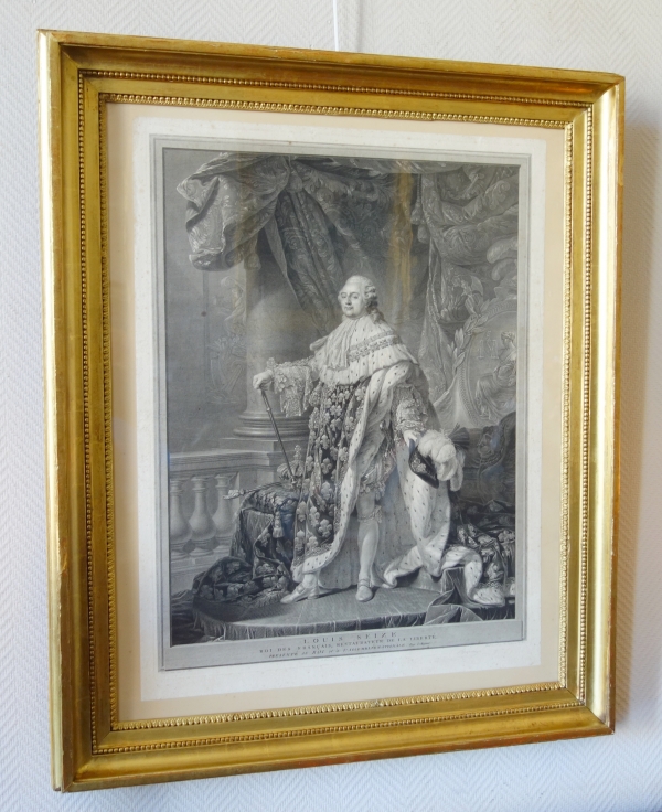 Grande gravure royaliste : Louis XVI roi de France en costume de sacre - 78cm x 95cm