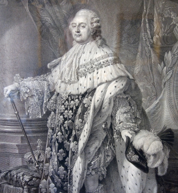 Grande gravure royaliste : Louis XVI roi de France en costume de sacre - 78cm x 95cm