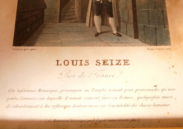 Gravure Louis XVI au Temple, cadre en bois doré XIXe siècle, souvenir historique royaliste