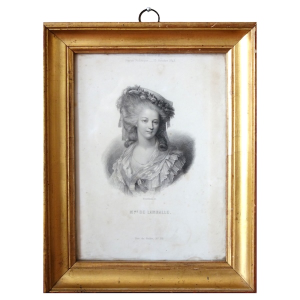 Gravure portrait de Madame de Lamballe, souvenir historique royaliste dans son cadre bois doré