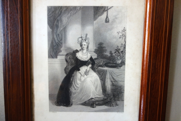 Gravure Royaliste - portrait de la Reine Marie Antoinette, cadre marqueterie d'époque Charles X