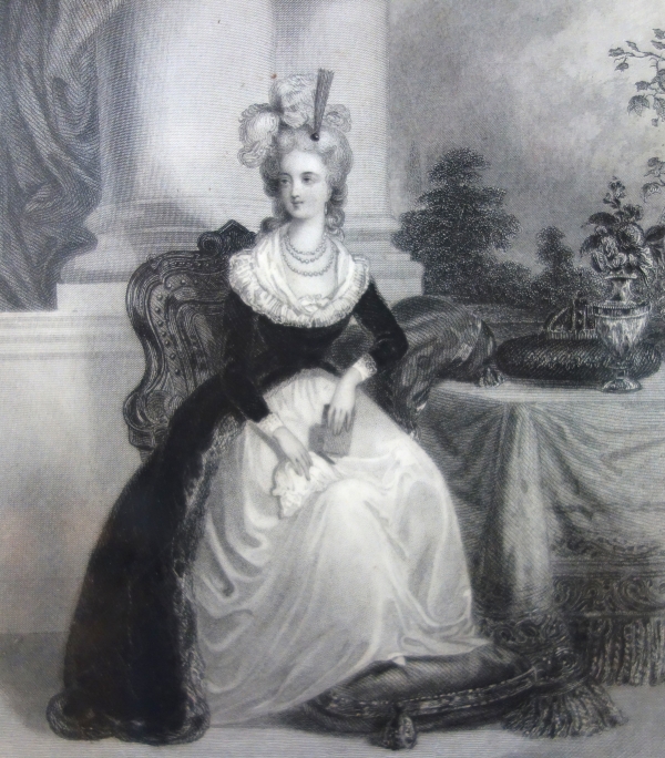 Gravure Royaliste - portrait de la Reine Marie Antoinette, cadre marqueterie d'époque Charles X