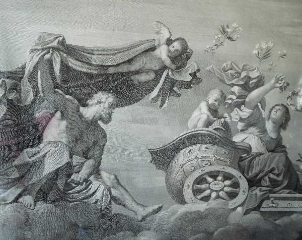 Grande gravure mythologique d'époque Empire : le char d'Aurore, cadre en bois doré à la feuille d'or